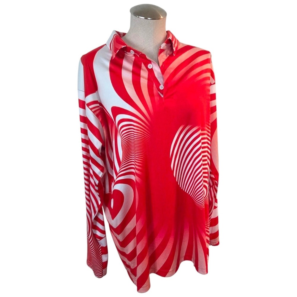 PLG Silently Be Heard Mens Large Red White Swirl Print Long Sleeve Golf Polo
